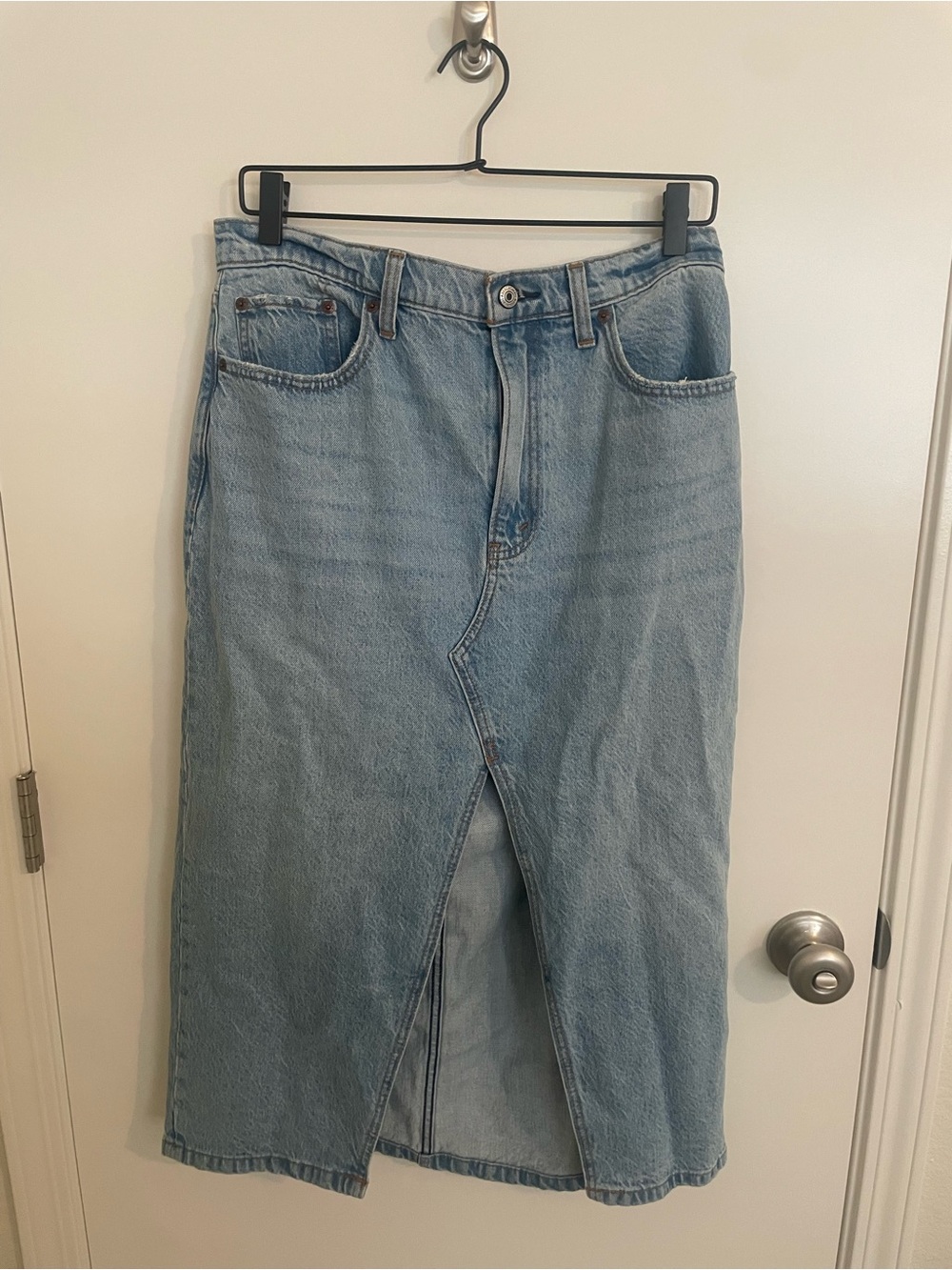 Abercrombie & Fitch Light Blue High-Rise Denim Skirt with Front Slit